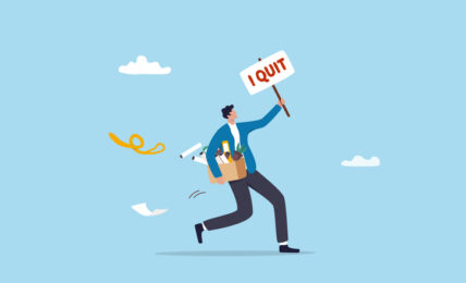 Quit full time job, resignation or end career, change job leaving company, employee termination, unemployment or burnout dissatisfaction exit layoff concept, businessman with stuff with quit job sign.